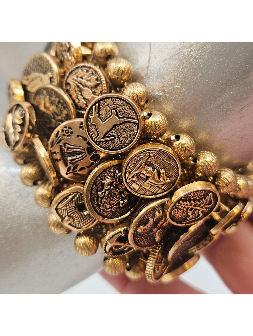 Vintage Coin Charm Stretch Bracelet Wide Chunky Maximalist Gold Tone Statement